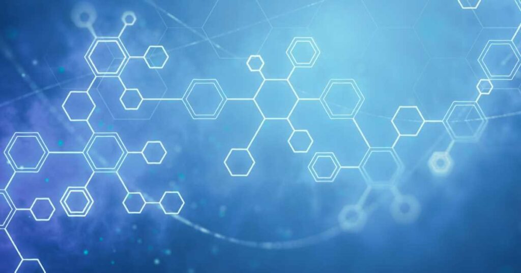 Abstrakte hexagonale Netzwerkstruktur als Symbol für DNA-Vektoren und Molekularbiologie.